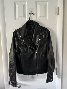 Express Black Faux Leather Moto Jacket with Silver Hardware